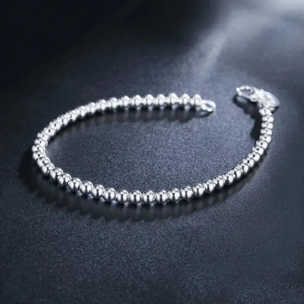 925 sterling silver Classic 4MM round beads chain Bracelets for women Fa… - Picture 5 of 5